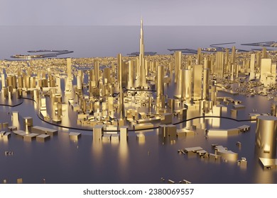 Aerial view of downtown Dubai with golden skyscrapers. Low-poly miniature city. All buildings are made of gold. Concept of gold market and real estate, luxury. - Powered by Shutterstock