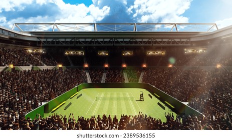 Aerial view of empty tennis court, open air stadium with flashlights, sport fans tribune. Daytime game. Concept of sport, competition, game, activity, championship, match. 3D render