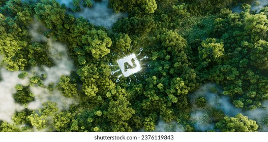 Aerial view of a forest with mist, centering on a glowing 'AI' platform, symbolizing the ecological implications of advancing artificial intelligence. 3d rendering. - Powered by Shutterstock