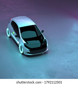 Aerial View Of Futuristic Electric Compact City Car In Neon Studio Light With Copy Space. 3D Render.