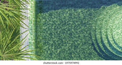 Aerial View Of Green Tiled Swimming Pool With Round Stairs And Palm Leaves On One Side With Space For Text. Summer Background. 3d Render