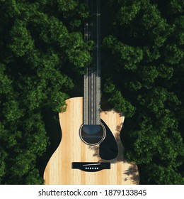 Aerial view of a guitar as a highway in the forest leading  . This is a 3d render illustration . 