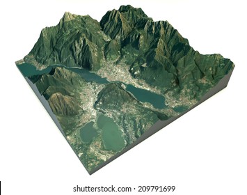 Aerial View Of The Lake Of Lecco And The Surrounding Area Map In 3d. Elements Of This Image Furnished By NASA