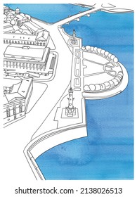 Aerial View Of The Old Saint Petersburg Stock Exchange And Rostral Columns, Line Art Architecture Drawing, Hand Drawn City Scape Illustration On White Background