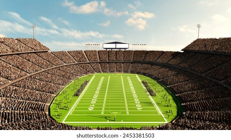 Aerial view on crowded tribune, American football stadium with team on filed. Open air arena with blue sunny sky. Daytime competition. Professional sport, event, tournament, game, championship concept
