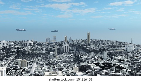 Aerial View Over A Futuristic Science Fiction City With Patrol Ships Overhead, 3d Digitally Rendered Illustration