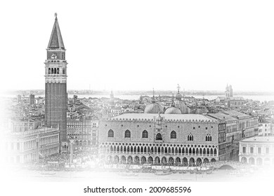 Aerial View Over Skyline Of Venice At St Marks Place With Campanile And Doge Palace