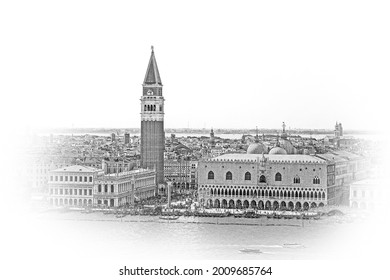 Aerial View Over Skyline Of Venice At St Marks Place With Campanile And Doge Palace