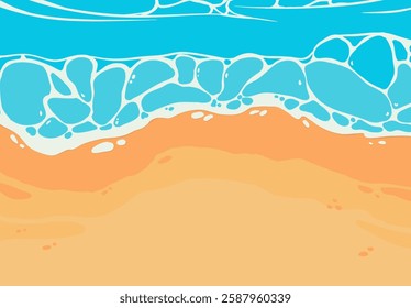 Aerial view of a peaceful beach with soft golden sand stretching to the ocean, where gentle waves meet the shore. The bright blue sky above creates a serene, tranquil atmosphere, inviting relaxation. - Powered by Shutterstock - Get 15% off with code: PIKWIZARD15