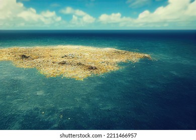 Aerial View Of Plastic Island Or Great Pacific Garbage Patch Or Pacific Trash Vortex, Consisting Mainly Of Plastic, Light Metals And Organic Residues Of Garbage In Ocean. Environmental Disaster