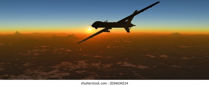 Aerial view and silhouette of a military drone flying over a mountain range at sunset. Military mission and target. 3d rendering