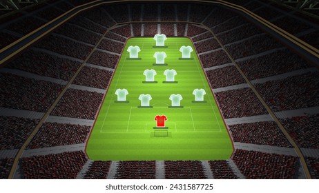 Aerial view of a soccer stadium with formation layout and highlighted goalkeeper jersey. Football players position 4-2-3-1. Concept of sport strategy, competition, tournament - Powered by Shutterstock