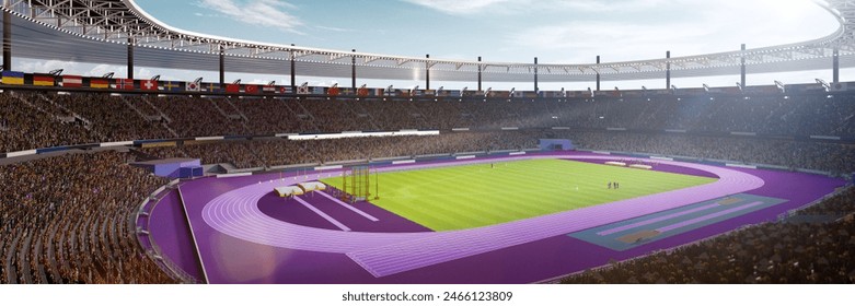 Aerial view of sport arena during major athletic event. Empty stadium with tacks and green grass arena, lively zone for fans. 3D render. Concept of professional sport, tournament, game, championship - Powered by Shutterstock