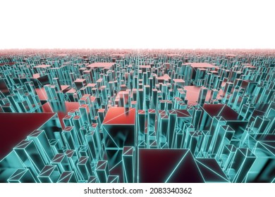 Aerial view of virtual city in meta Universe, 3D rendering concept of metaverse matrix future city environment