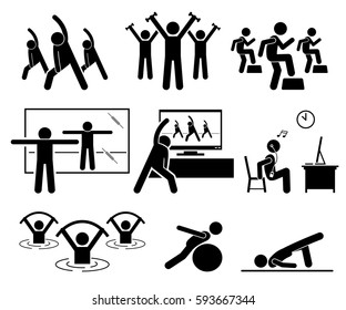 Aerobic class at gym room with instructor. Beginner learning aerobic at home by watching TV and Internet video. Aqua aerobic exercise at swimming pool. Illustrations in stick figures pictogram. - Powered by Shutterstock