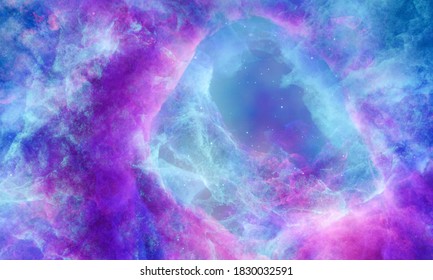 Aerosol Clouds, Space Haze Or Cosmic Rays, Pink, Pastel Blue, Space Sky With Many Stars. Travel In The Universe. 3D Rendering