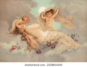 Querubines estéticos, impresión cromolitográfica. Ilustración de dibujo de arte de querubines estéticos de Antiguas, impresión de arte de pintura de querubines estéticos antiguos. Querubines de Antiguas en impresión cromolitográfica en la nube