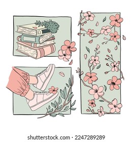 Aesthetic drawing sneakers  sakura blooms  books  Can be used for coloring book pages  prints  digital journal    other 
