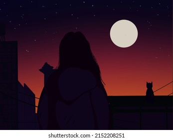 Aesthetic Lofi Landscape City Background. Girl And Cat On The Rooftop. Chill And Hip Hop