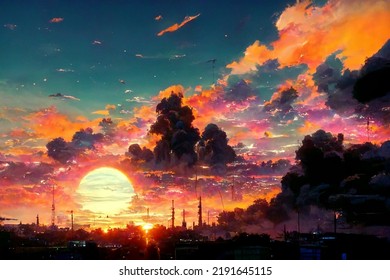 Aesthetic Looking Anime Themed Wallpaper, Futuristic, Sunset , Cloud 