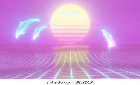 Aesthetic Vaporwave Dolphins Jump Over 90s Sun Grid Ocean 3D Rendering - Abstract Background Texture