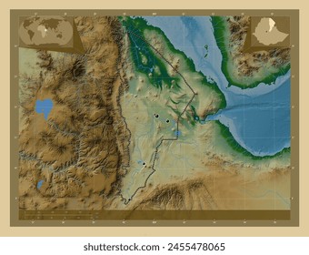 Afar, state of Ethiopia. Colored elevation map with lakes and rivers. Locations of major cities of the region. Corner auxiliary location maps