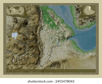Afar, state of Ethiopia. Elevation map colored in wiki style with lakes and rivers. Locations of major cities of the region. Corner auxiliary location maps