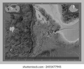 Afar, state of Ethiopia. Grayscale elevation map with lakes and rivers. Locations of major cities of the region. Corner auxiliary location maps