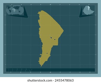 Afar, state of Ethiopia. Solid color shape. Locations of major cities of the region. Corner auxiliary location maps