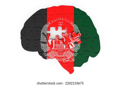 Afghan Flag Painted On The Brain From Puzzles. Scientific Research And Education In Afghanistan Concept, 3D Rendering Isolated On White Background