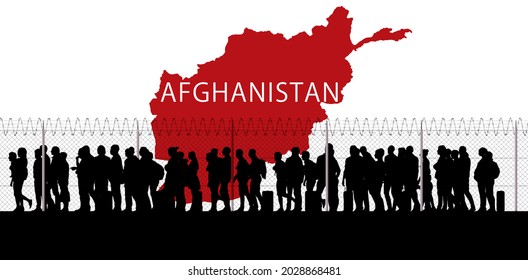 Afghanistan Flüchtlingskrise, Flucht aus den Städten, um die Grenzen mit anderen Staaten zu erreichen. Gefahr der Taliban. Die Migrationspalte. Zaun und Stacheldraht. Schwarz-Weiß-Silhouette. 3D-Rendering