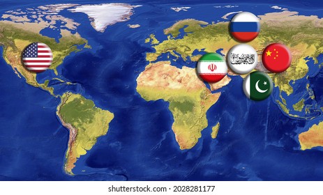 Afghanistan (Taliban) , USA, China, Russia, Iran And Pakistan Flags On World Map With Chessboard.