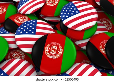 Afghanistan And USA Badges Background - Pile Of Afghan And US Flag Buttons 3D Illustration