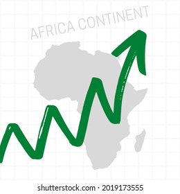 Africa Continent Map With Rising Arrow Showing Economic Growth. Nation Economy Recovered, Financial Growth, Stock Trading Up, Equity Price Move Up, Bull Market. Upward Trend Green Arrow 