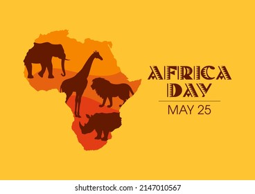 Africa Day Poster With African Continent And Animals Illustration. Animals Of Africa Silhouette Icon. African Liberation Day, May 25. Important Day