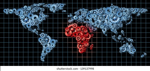 Africa Economy And African Economic Activity As A Business Concept With A World Map Made Of Gears And Cogs With Egypt Libya Nigeria Morocco Highlighted In Red As An Idea Of Economic Growth.