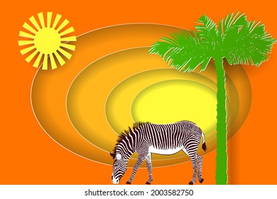 Africa Landscape With Silhouette Of Zebra, Sun And Palm Tree. Paper Cut Shapes And Layers Style