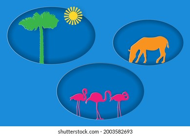 Africa Landscape With Silhouettes Of Zebra, Flamingo And Palm Tree. Paper Cut Shapes And Layers Style.