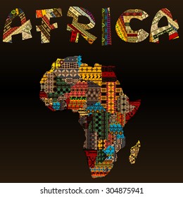 Africa Map With African Typography Made Of Patchwork Fabric Texture