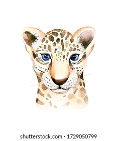 Africa Watercolor Savanna Leopard, Animal Illustration. African Safari Wild Cat Cute Exotic Animals Face Portrait Character. Isolated On White Poster,invitation, Wedding Design