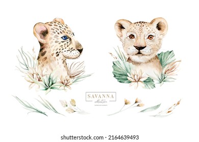 Africa Watercolor Savanna Leopard And Lion, Animal Illustration. African Safari Wild Cat Cute Exotic Animals Face Portrait Character. Isolated On White Poster Design