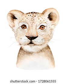 Africa Watercolor Savanna Lion, Animal Illustration. African Safari Wild Cat Cute Exotic Animals Face Portrait Character. Isolated On White Poster, Invitation Design