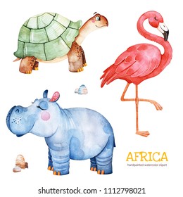 Africa Watercolor Set.Safari Collection With Flamingo,hippo,turtle,stones.Watercolor Cute Animals.Perfect For Wallpaper,print,packaging,invitations,Baby Shower,patterns,travel,logos Etc