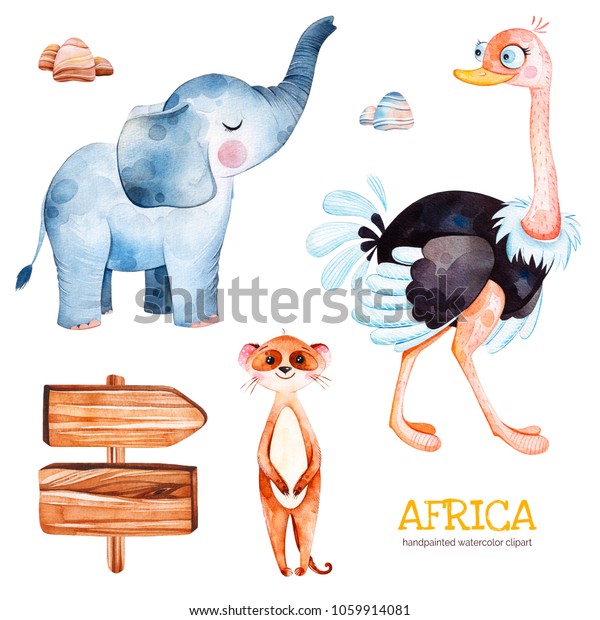 アフリカの水の色セット ダチョウ ゾウ メアキャット 木の看板 石の付いたサファリコレクション 水の色のかわいい 動物 壁紙 印刷 包装 招待状 ベビーシャワー パターン 旅行 ロゴなどに最適 のイラスト素材