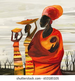 Africa, Women With Baby, Digital Artwork (Digital Art, Oil Painting)