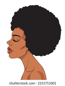 African American Afro Hair Woman Face In Profile, Pop Art Retro Comics Book Style Illustration Isolated On White Background. Fashion And Beauty Black Woman Portrait.