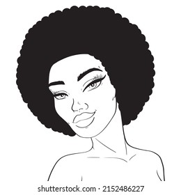 African American Afro Hair Woman Line Art In Pop Art Retro Comics Style Isolated On White Background, Illustration