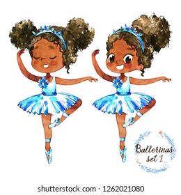 African American Ballerina Princess Character Dancer Set. Cute Child Girl Wear Blue Tutu Costume Training In School Class. Baby Ballet Poster Design Concept Flat Cartoon Illustration.