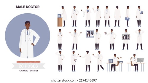 African American Black Doctor Male Character Poses Infographic Illustration Set. Cartoon Man Doctor Sitting Thinking Standing, Holding Patient Xray, Working Postures Of Hospital Worker Isolated