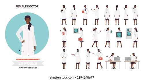 African American Black Doctor Or Nurse Female Poses Illustration Set. Cartoon Doctor Medical Professional Staff With Stethoscope Emergency Bag Posing Work, Medicine Profession Poses Isolated